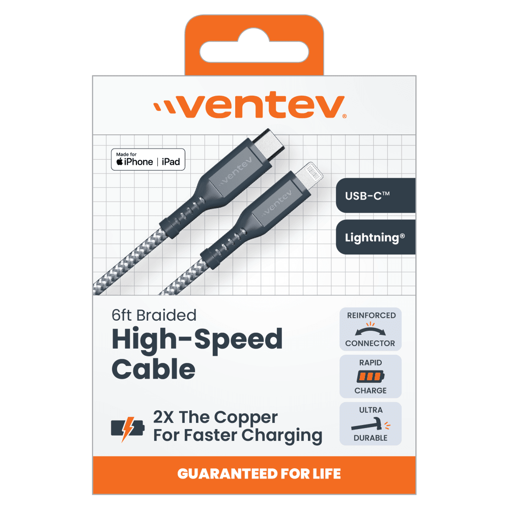 Ventev High Speed USB C to Apple Lightning Braided Cable with 2x the Copper for Faster Charging 6ft by Ventev