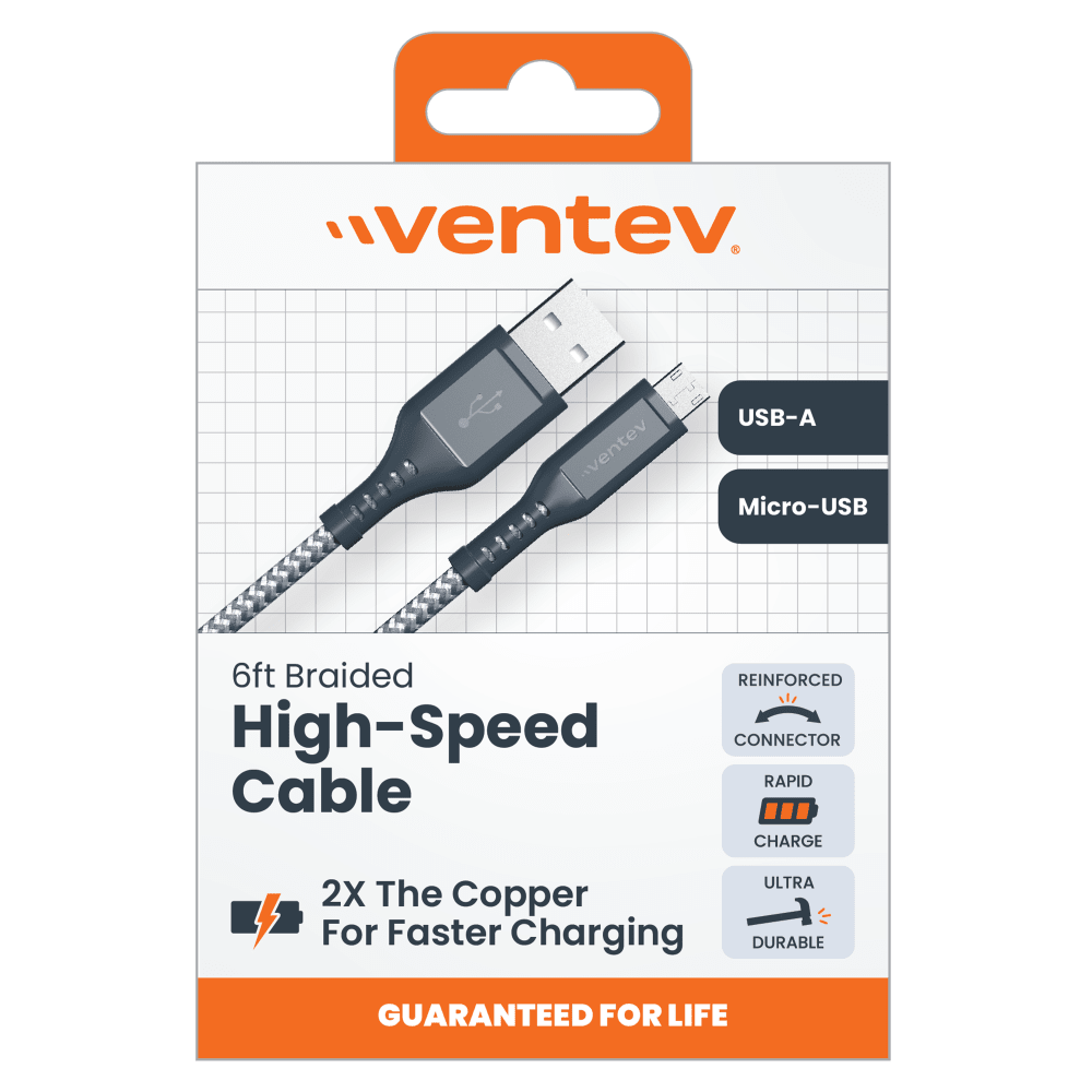 Ventev High Speed USB A to Micro USB Braided Cable with 2x the Copper for Faster Charging 6ft by Ventev