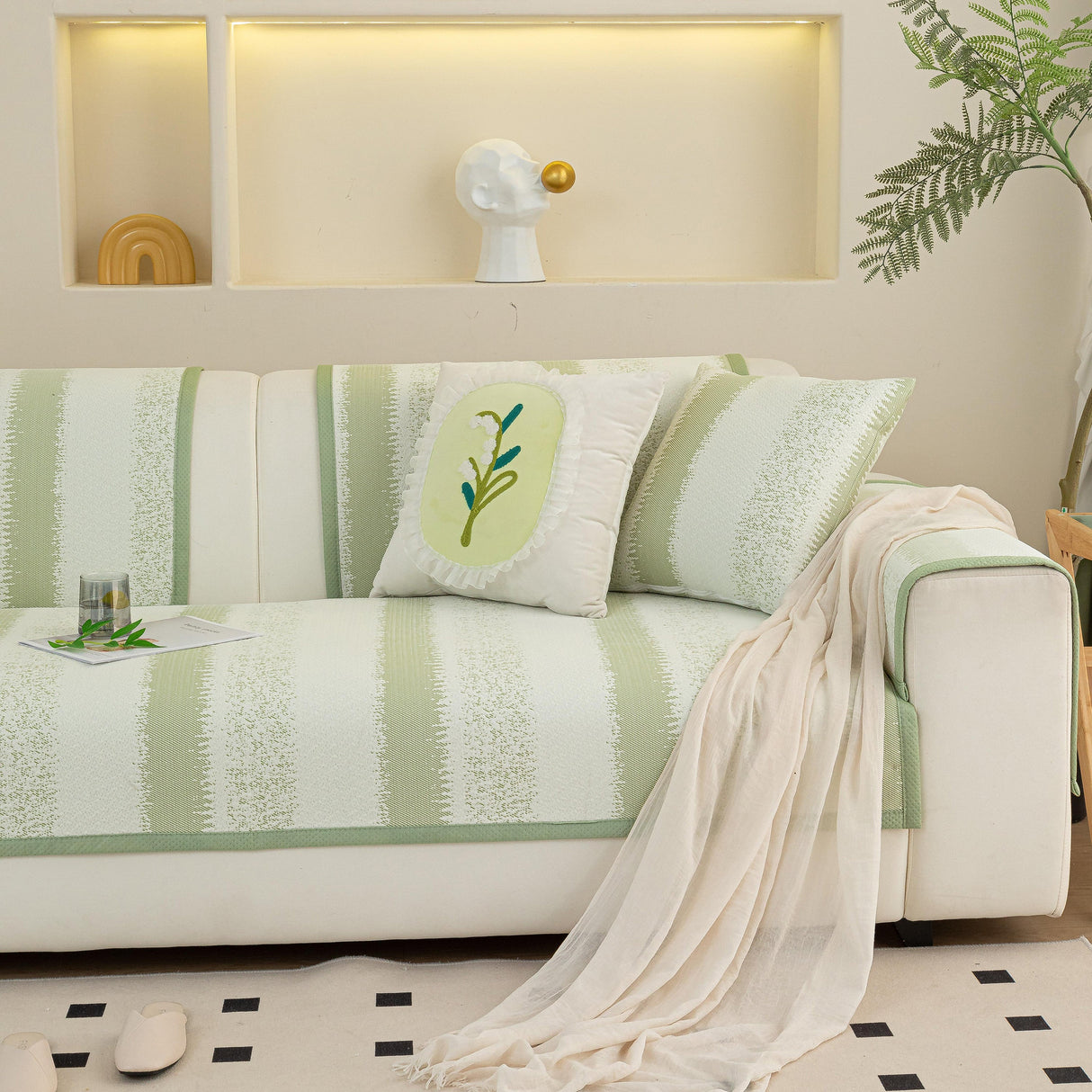 Striped Non-Slip Cooling Couch Cover, Summer Couch Pads for Seat Back Armrest