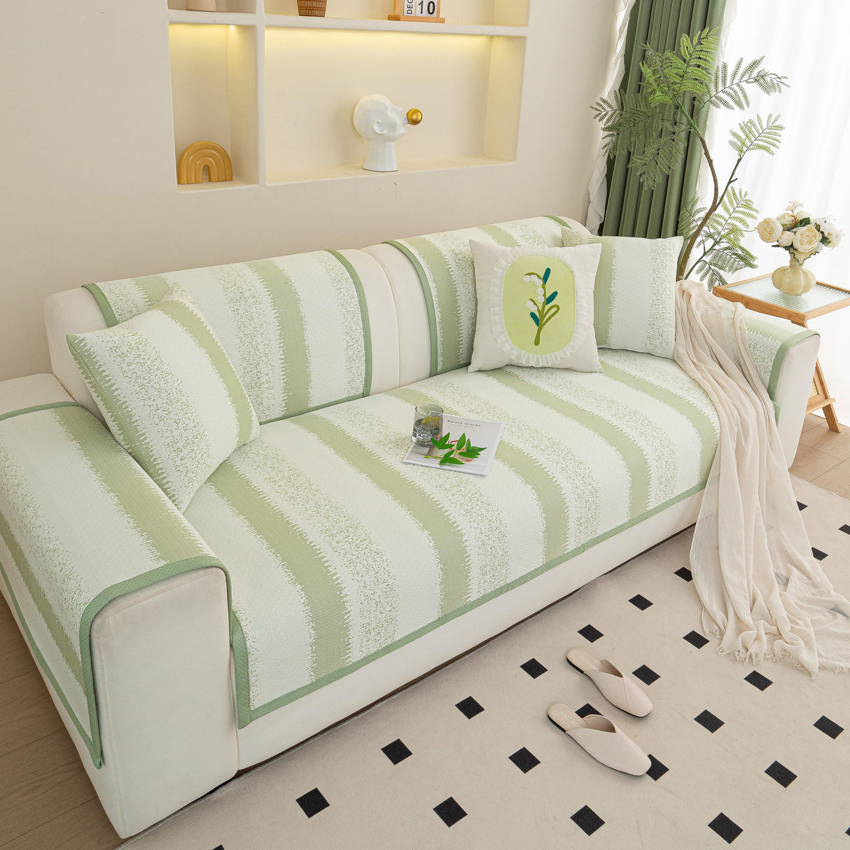 Striped Non-Slip Cooling Couch Cover, Summer Couch Pads for Seat Back Armrest