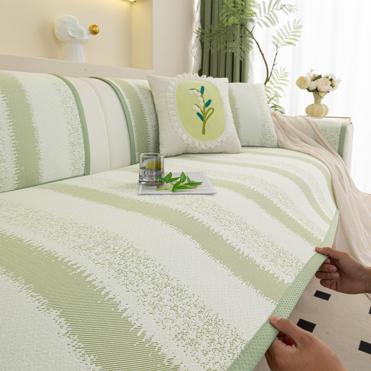 Striped Non-Slip Cooling Couch Cover, Summer Couch Pads for Seat Back Armrest