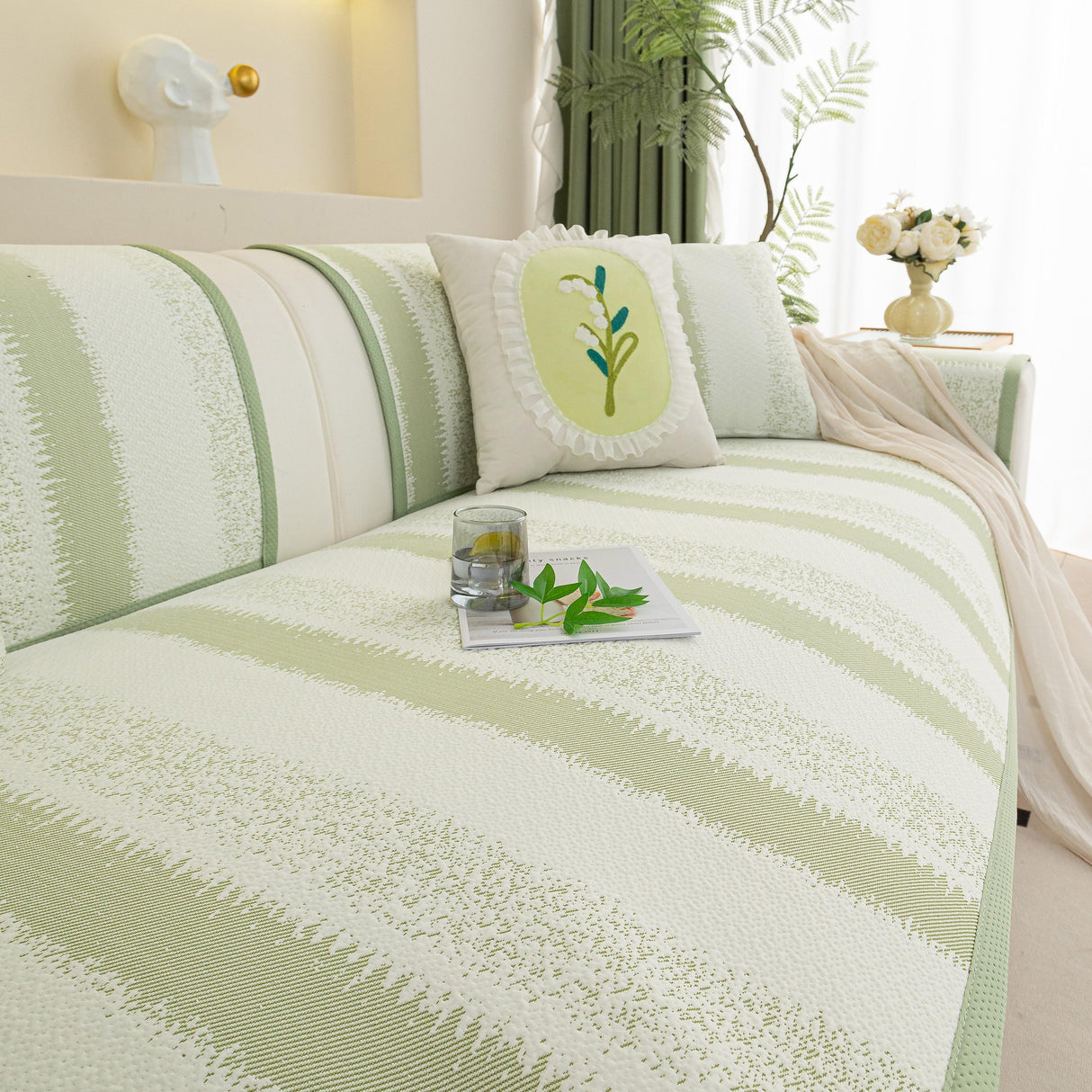 Striped Non-Slip Cooling Couch Cover, Summer Couch Pads for Seat Back Armrest