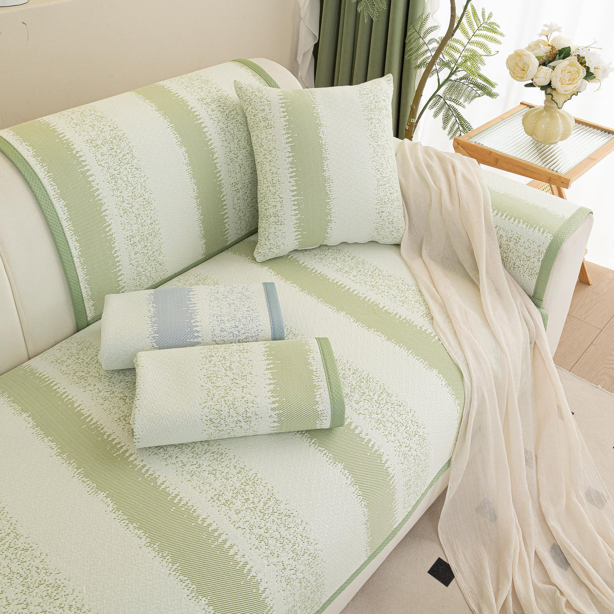 Striped Non-Slip Cooling Couch Cover, Summer Couch Pads for Seat Back Armrest