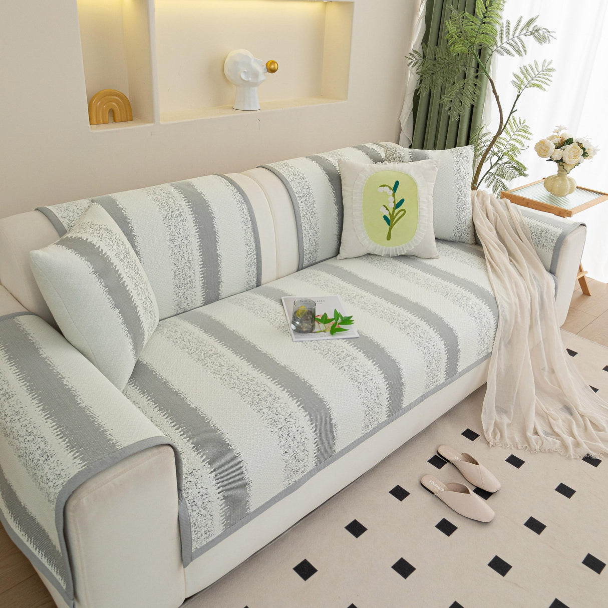 Striped Non-Slip Cooling Couch Cover, Summer Couch Pads for Seat Back Armrest