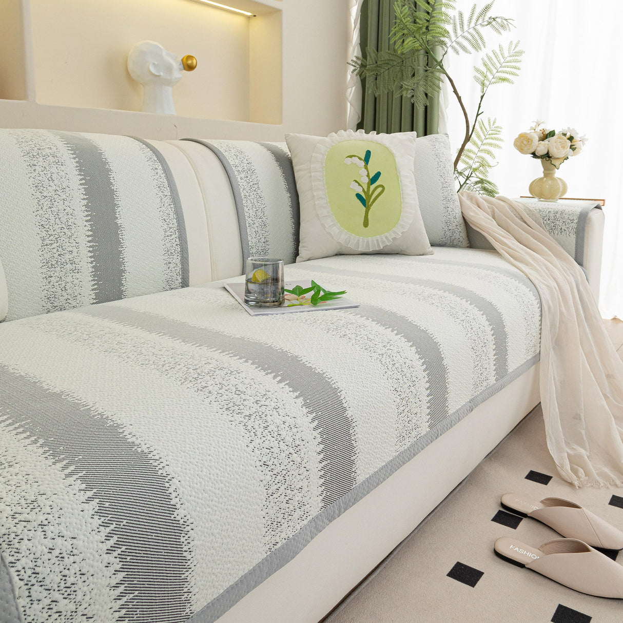 Striped Non-Slip Cooling Couch Cover, Summer Couch Pads for Seat Back Armrest