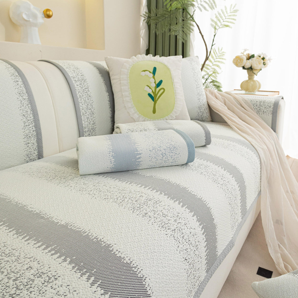 Striped Non-Slip Cooling Couch Cover, Summer Couch Pads for Seat Back Armrest