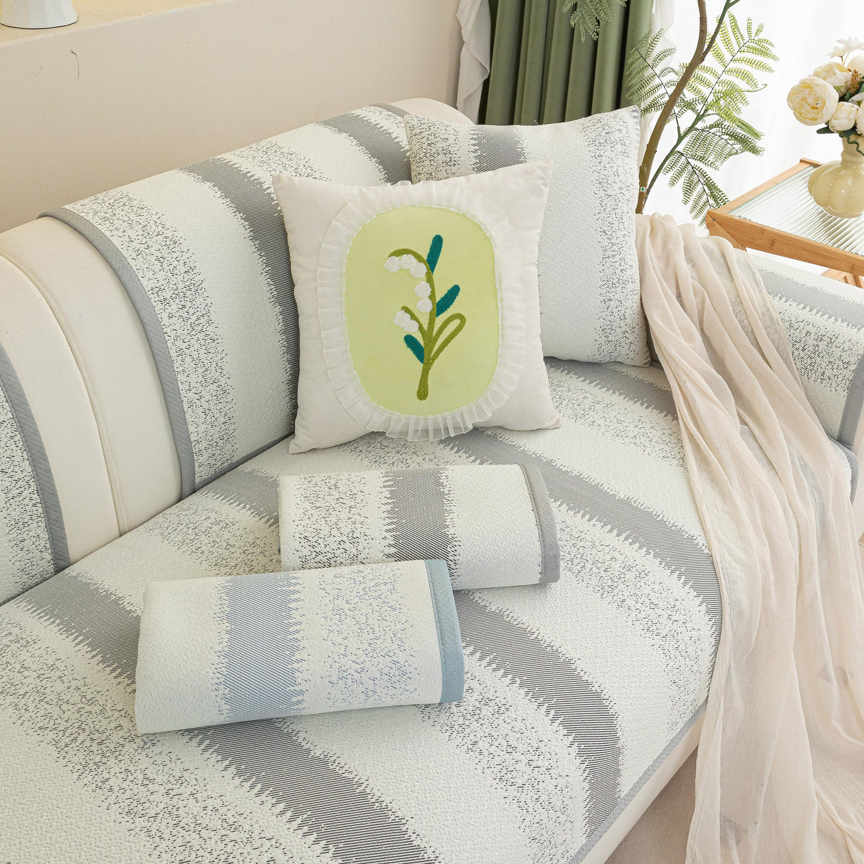 Striped Non-Slip Cooling Couch Cover, Summer Couch Pads for Seat Back Armrest