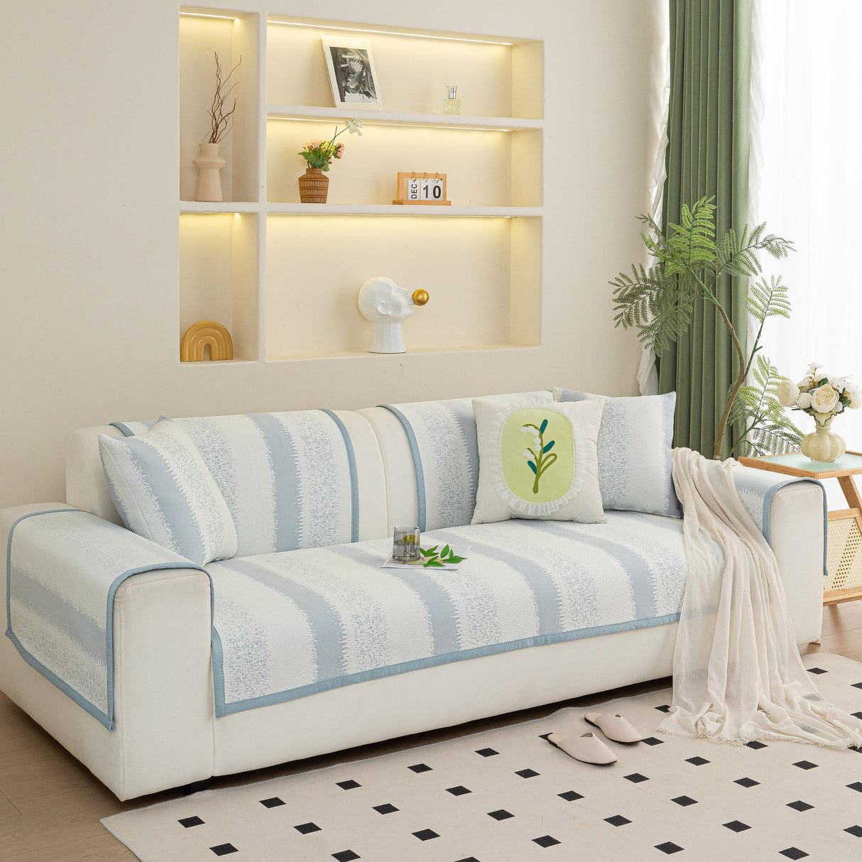 Striped Non-Slip Cooling Couch Cover, Summer Couch Pads for Seat Back Armrest