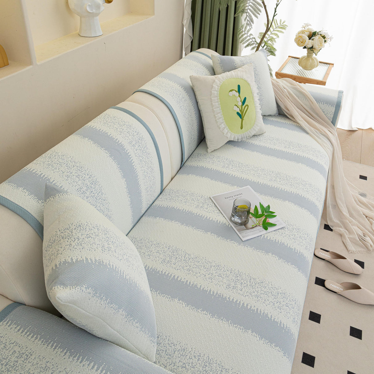 Striped Non-Slip Cooling Couch Cover, Summer Couch Pads for Seat Back Armrest