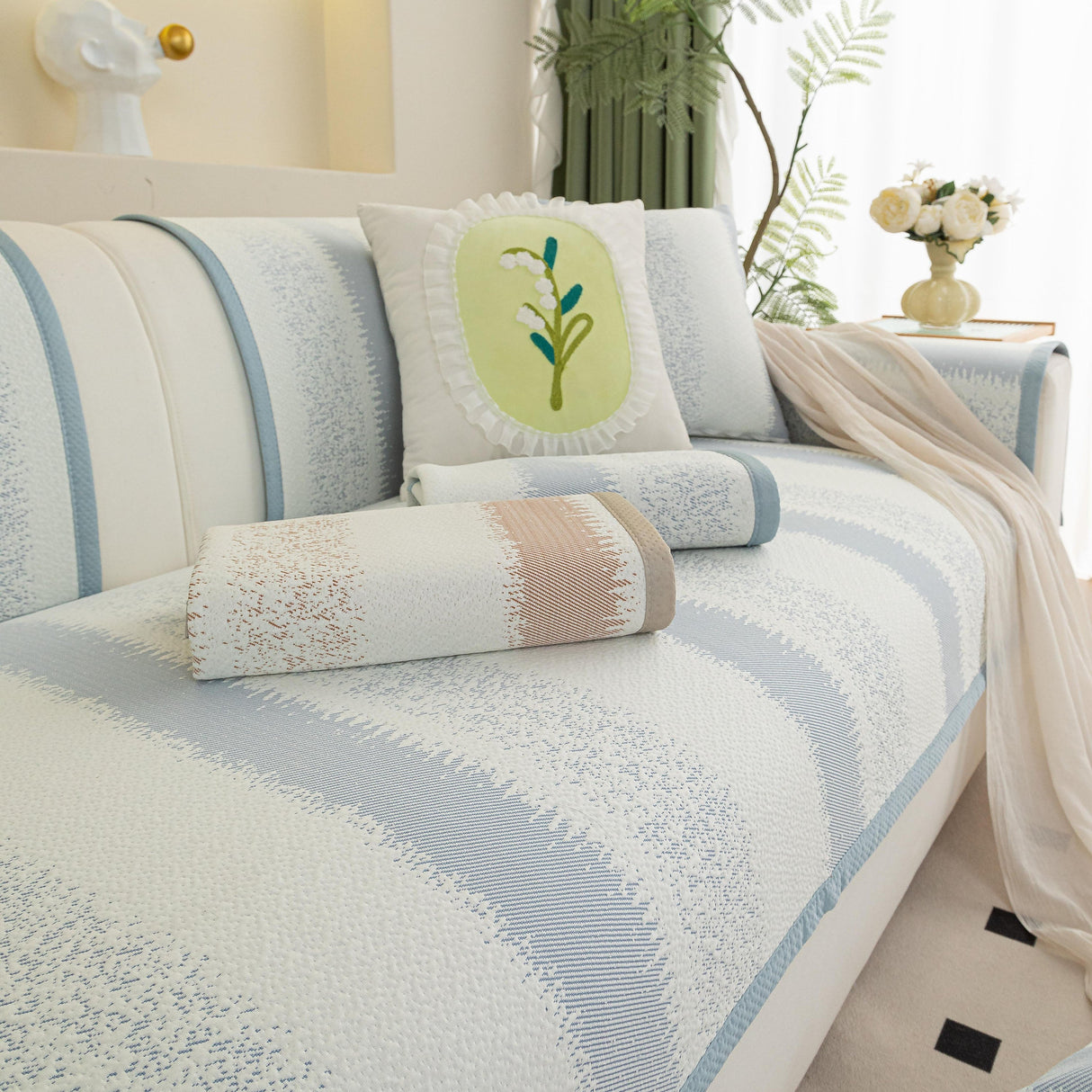 Striped Non-Slip Cooling Couch Cover, Summer Couch Pads for Seat Back Armrest