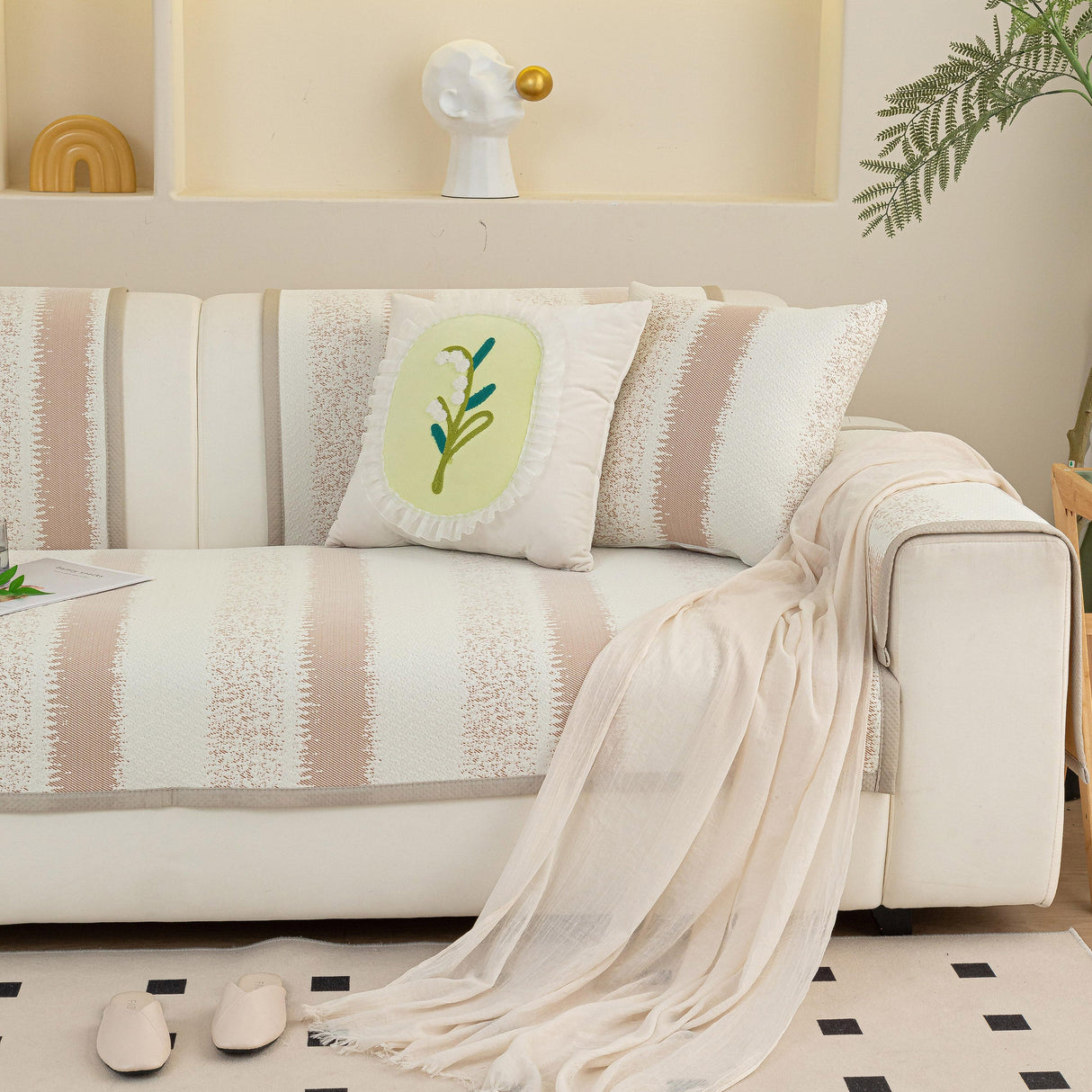 Striped Non-Slip Cooling Couch Cover, Summer Couch Pads for Seat Back Armrest