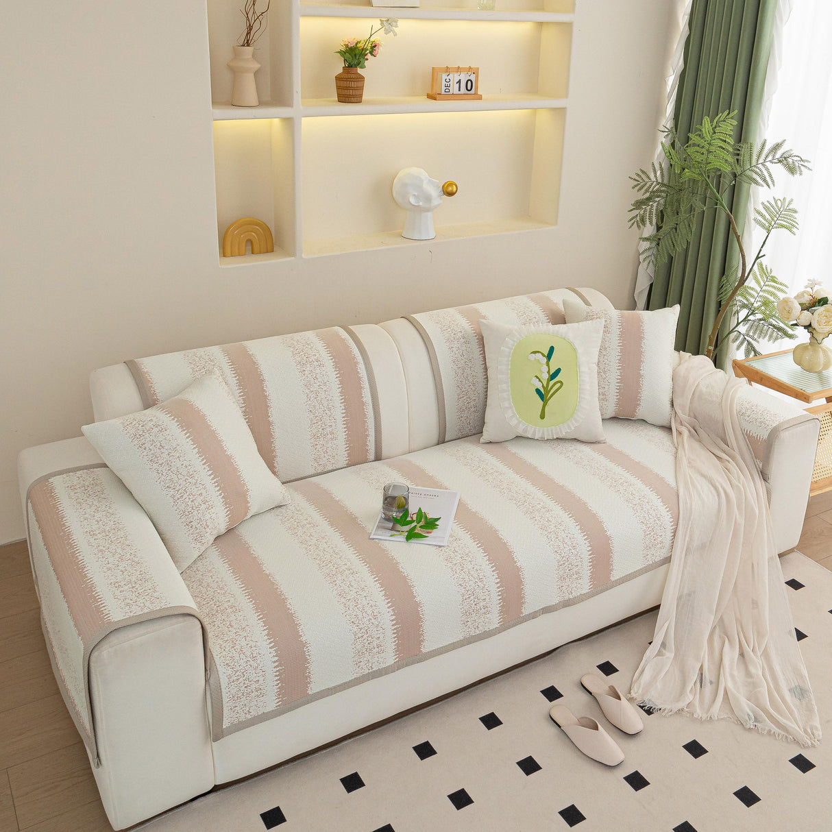 Striped Non-Slip Cooling Couch Cover, Summer Couch Pads for Seat Back Armrest