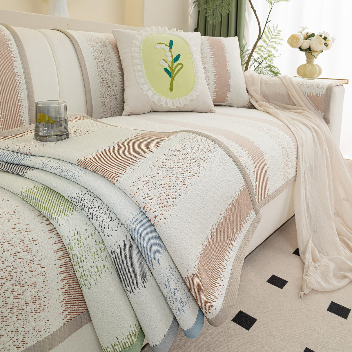 Striped Non-Slip Cooling Couch Cover, Summer Couch Pads for Seat Back Armrest