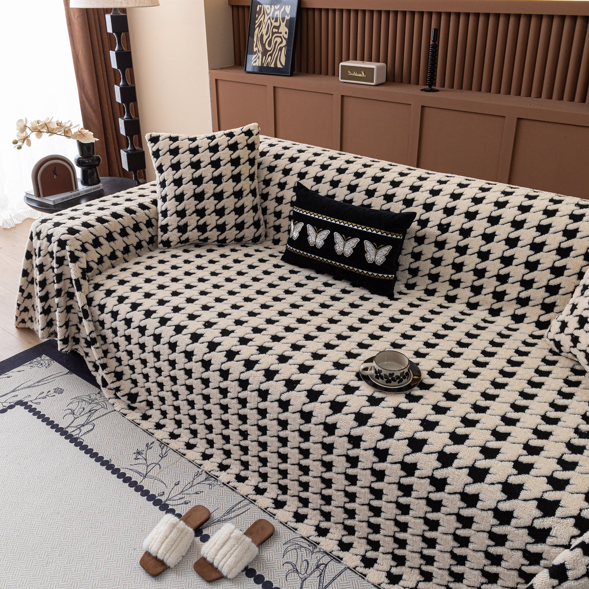 Jacquard Fleece Houndstooth Warm Cozy Couch Cover Blanket Decorative Throws for Sofas