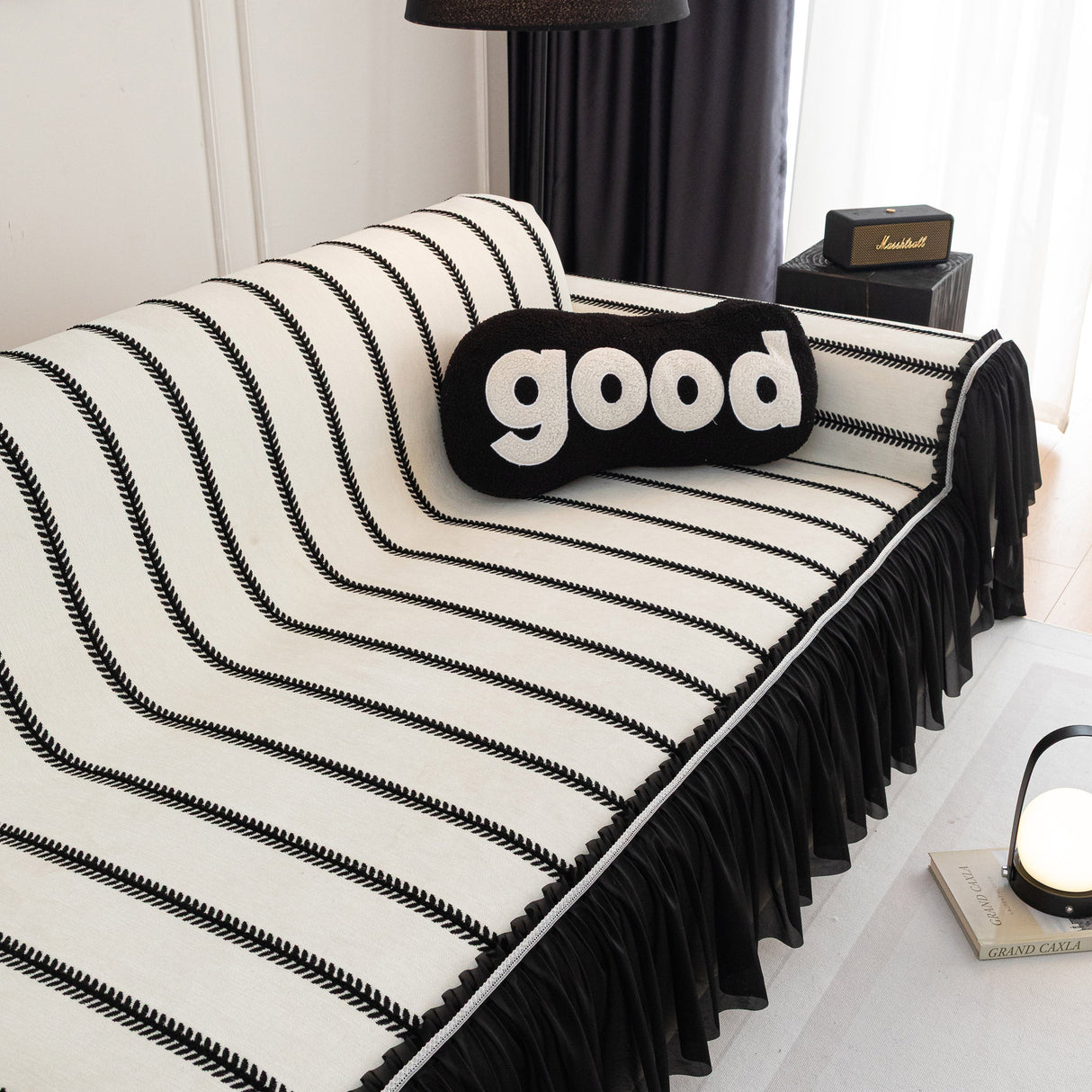 Leaf Stripe Sofa Cover with Black Sheer Skirt, Boho Soft Couch Slipcover for Pets