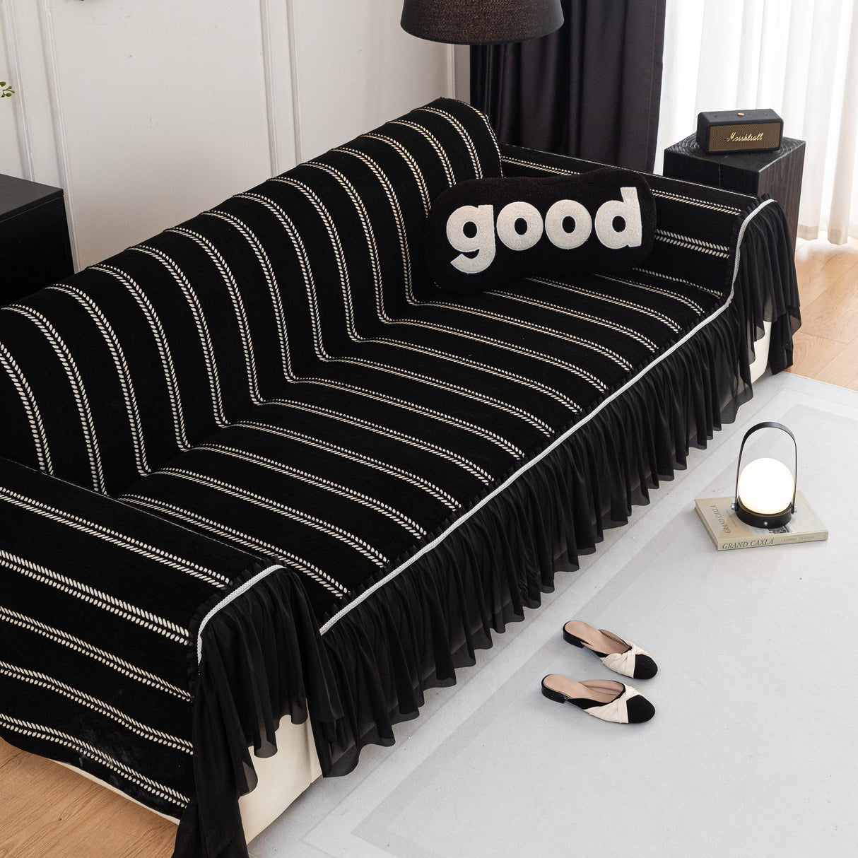 Leaf Stripe Sofa Cover with Black Sheer Skirt, Boho Soft Couch Slipcover for Pets