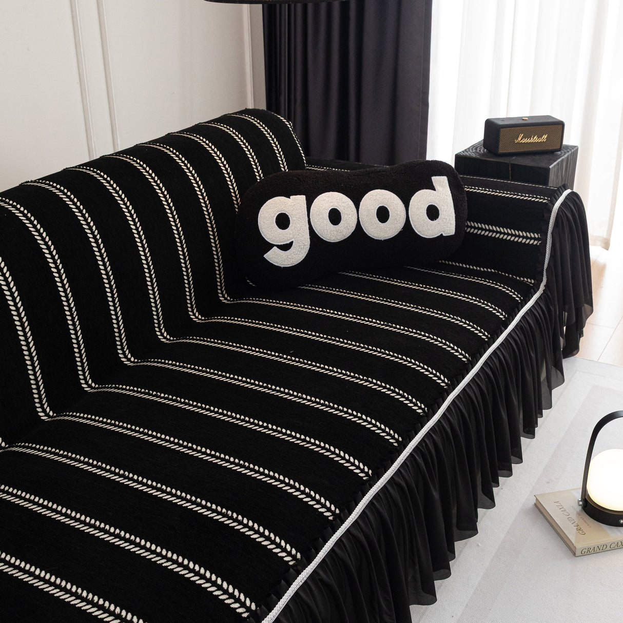 Leaf Stripe Sofa Cover with Black Sheer Skirt, Boho Soft Couch Slipcover for Pets