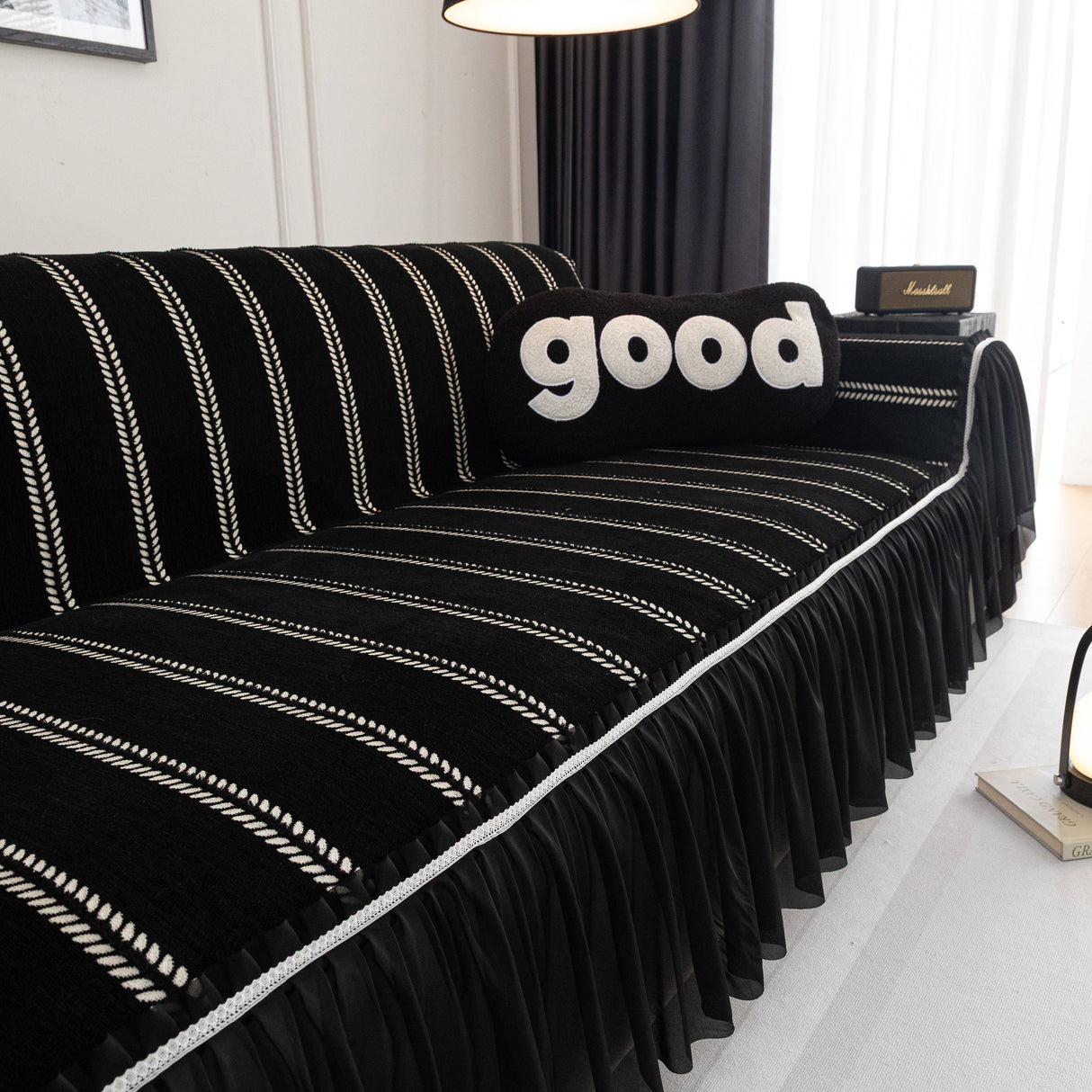 Leaf Stripe Sofa Cover with Black Sheer Skirt, Boho Soft Couch Slipcover for Pets