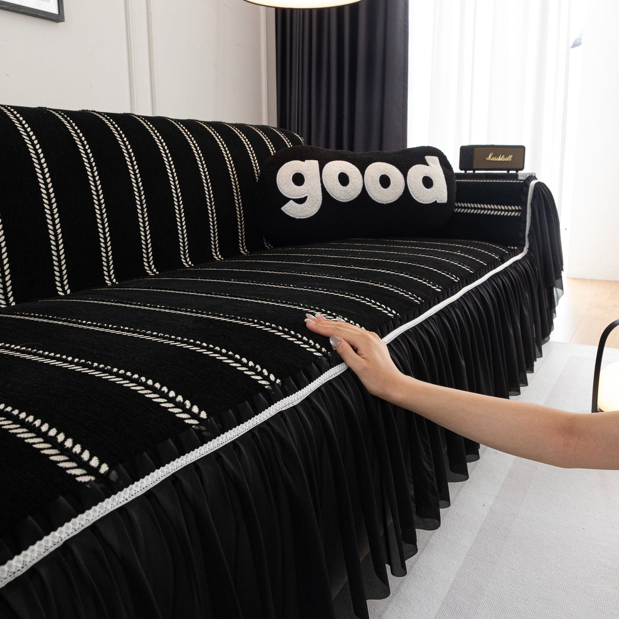 Leaf Stripe Sofa Cover with Black Sheer Skirt, Boho Soft Couch Slipcover for Pets