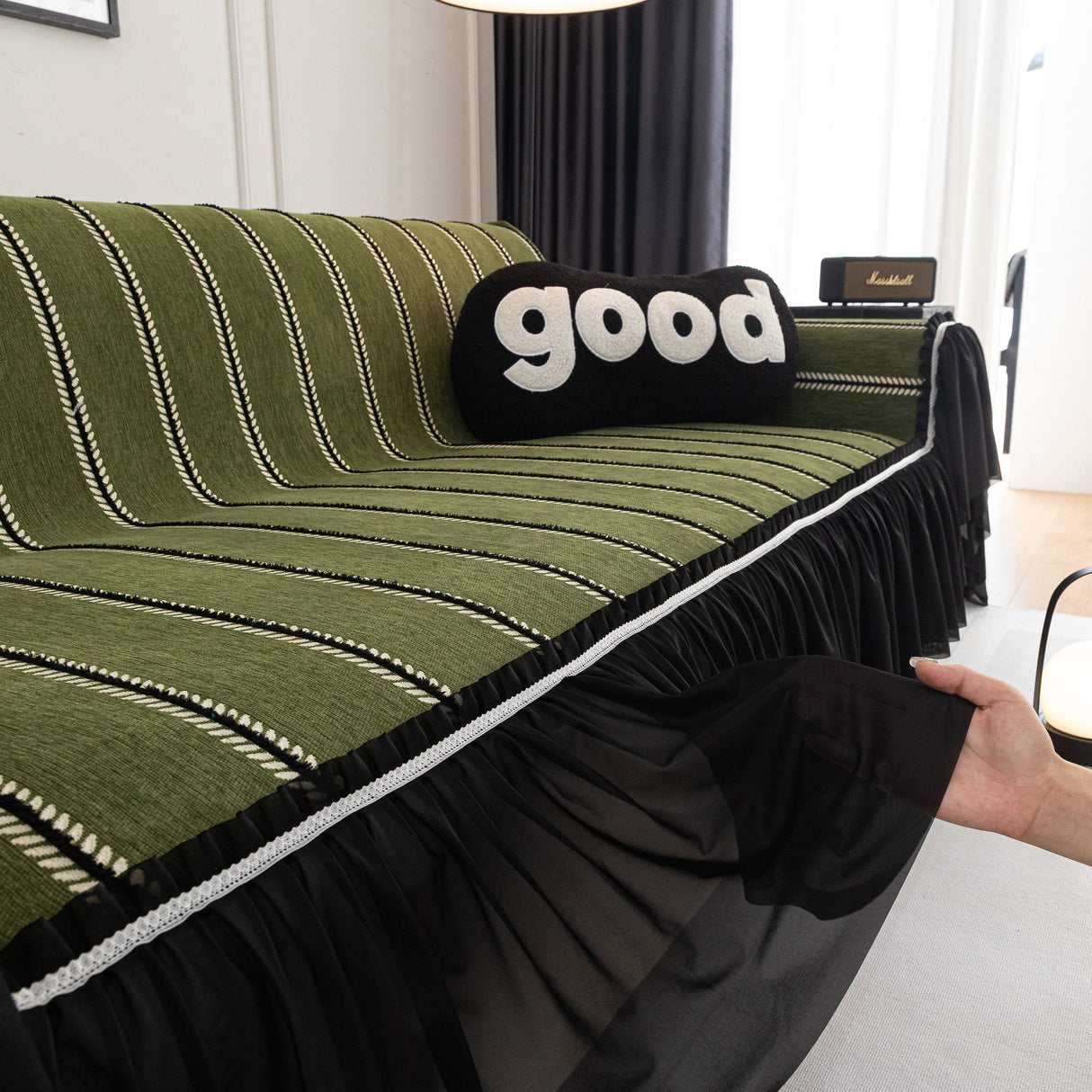 Leaf Stripe Sofa Cover with Black Sheer Skirt, Boho Soft Couch Slipcover for Pets