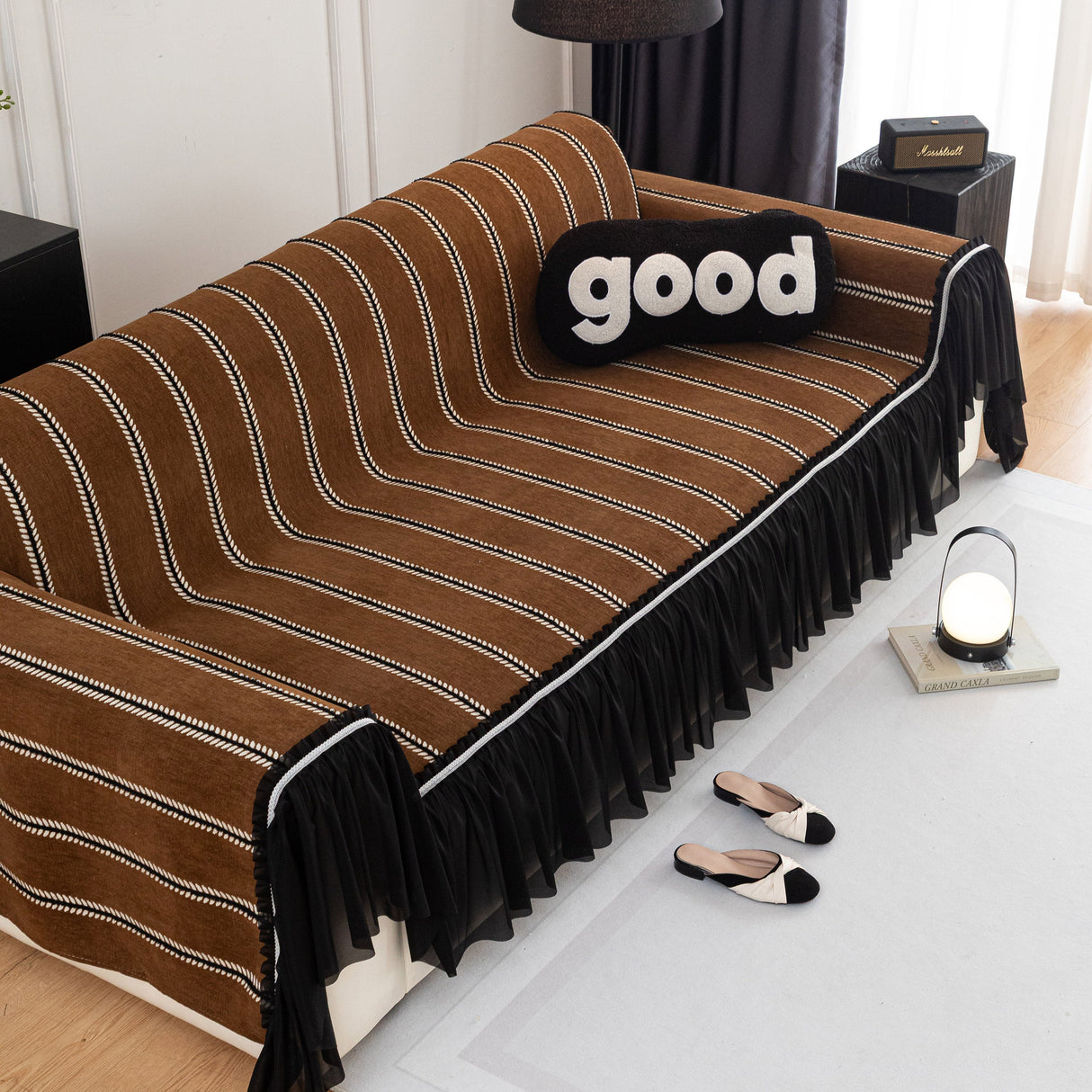 Leaf Stripe Sofa Cover with Black Sheer Skirt, Boho Soft Couch Slipcover for Pets