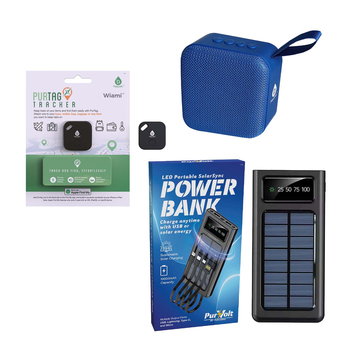 Pursonic Wireless Speaker, Solarsync Power Bank & Purtag Tracker Bundle – Ultimate Sound, Power & Security Anywhere!
