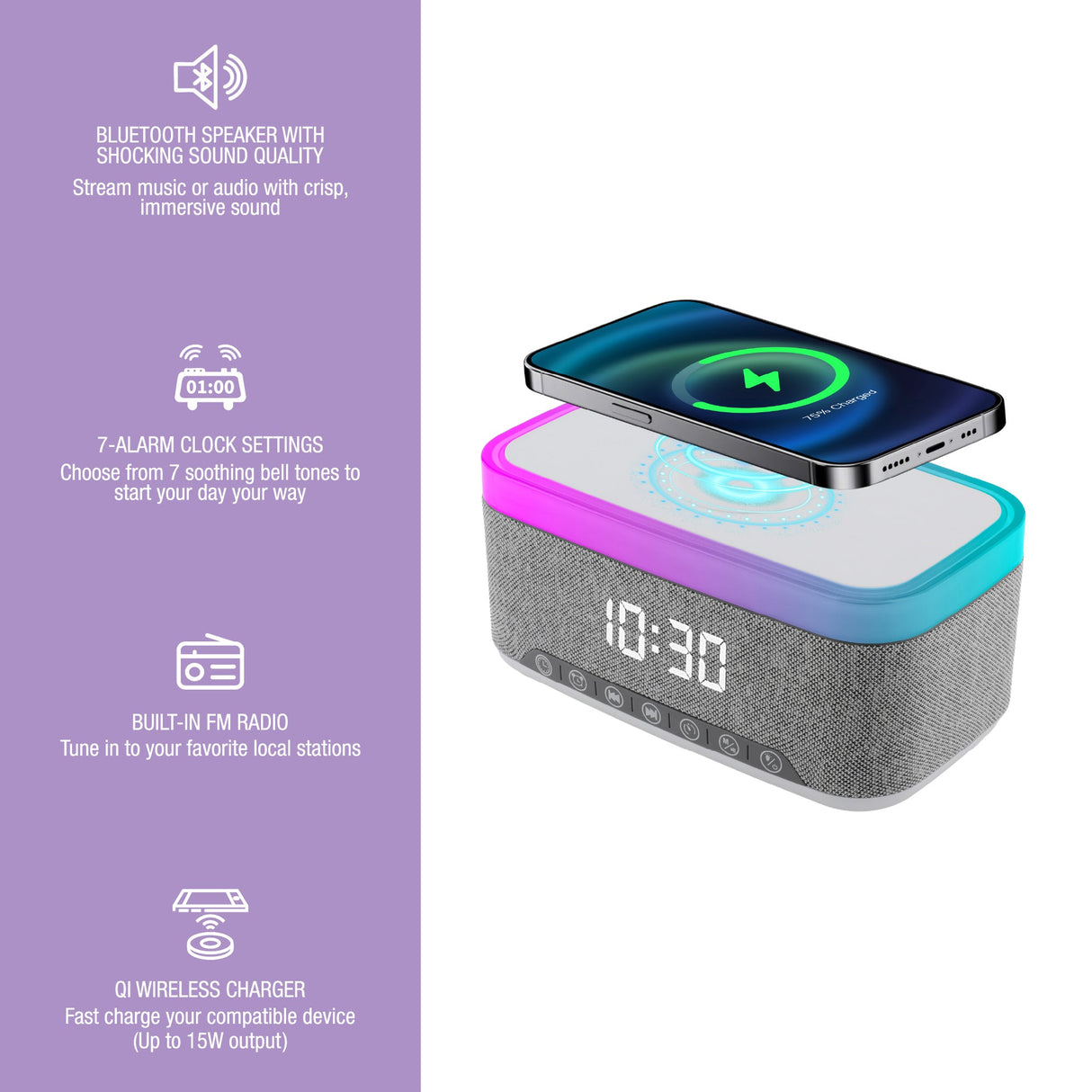 Pursonic All-in-One Alarm Clock with Bluetooth Speaker, FM Radio & Qi Wireless Charging – Your Complete Nightstand Companion by Pursonic