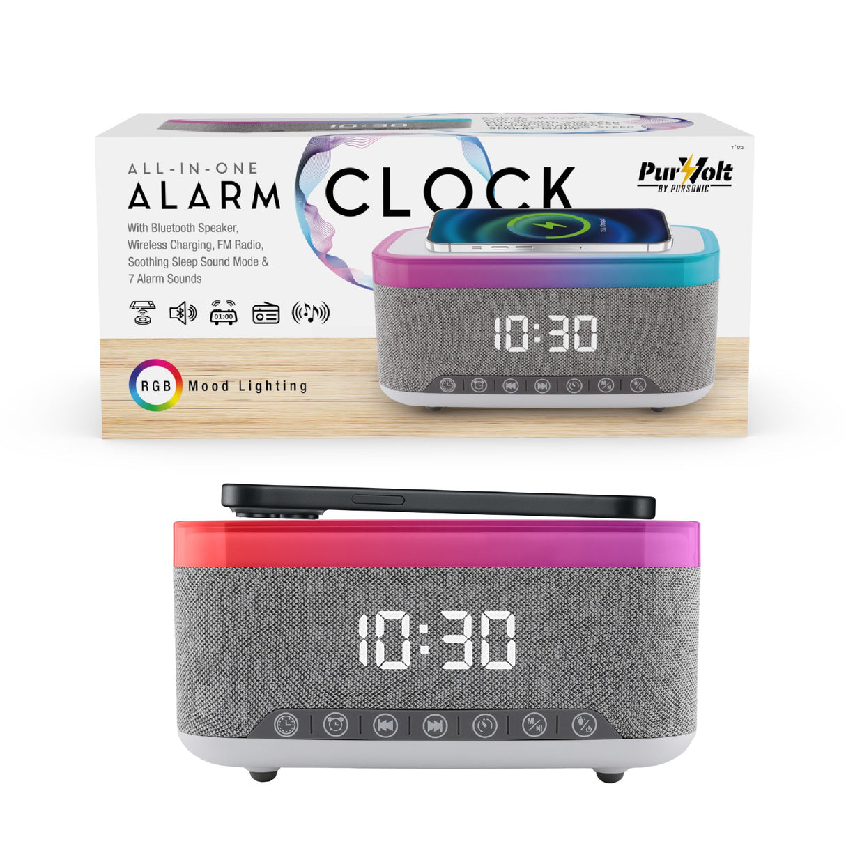 Pursonic All-in-One Alarm Clock with Bluetooth Speaker, FM Radio & Qi Wireless Charging – Your Complete Nightstand Companion by Pursonic