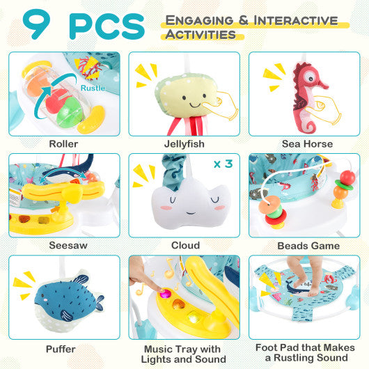 Baby Activity Center Height Adjustable Baby Bouncing Saucer with Interactive Toys-Light Blue