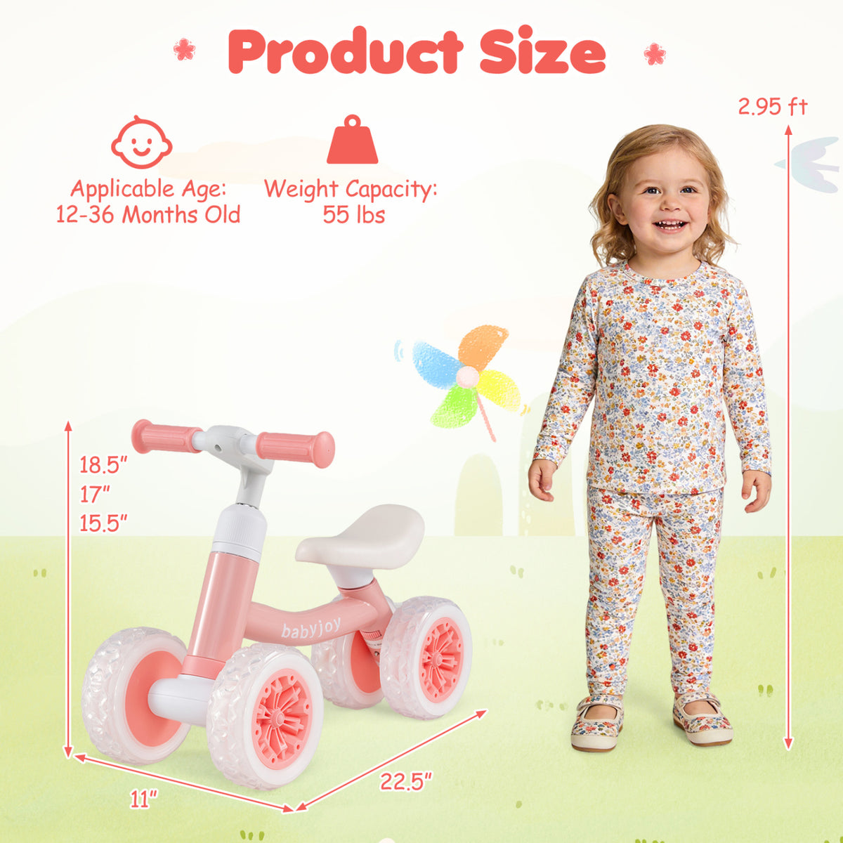 Baby Balance Bike with Adjustable Handlebar and Seat with Lighting Wheels-Pink