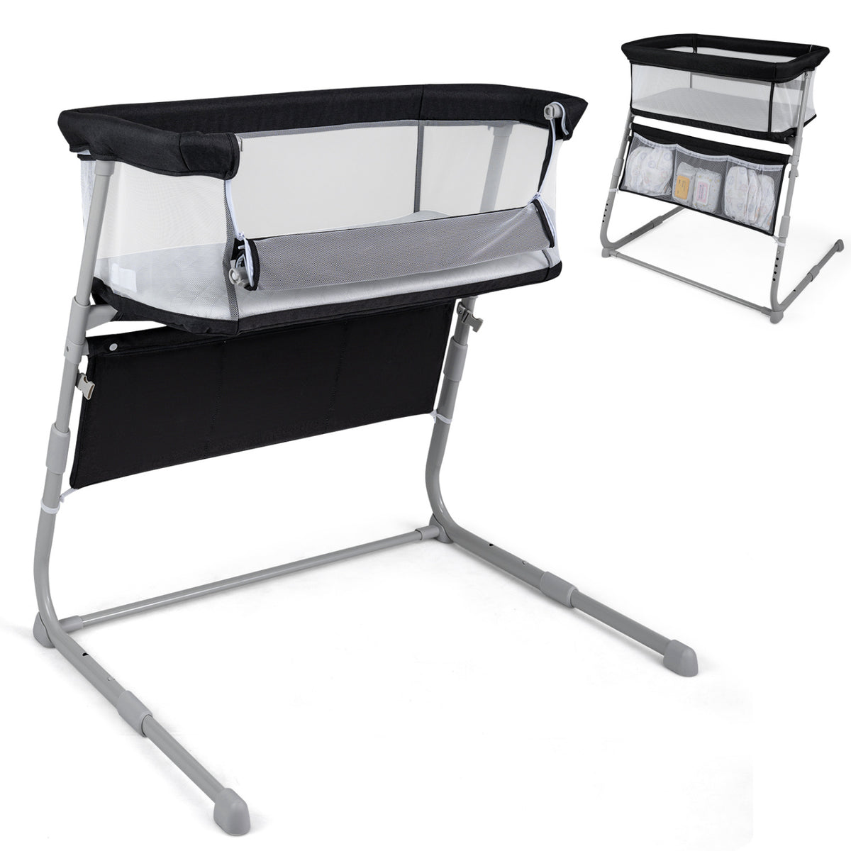 Baby Bassinet Bedside Crib with Adjustable Height Comfy Mattress-Black