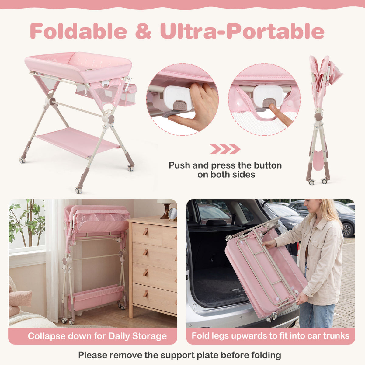 Baby Changing Table Foldable Diaper Changing Station with Storage Bag and Shelf-Pink