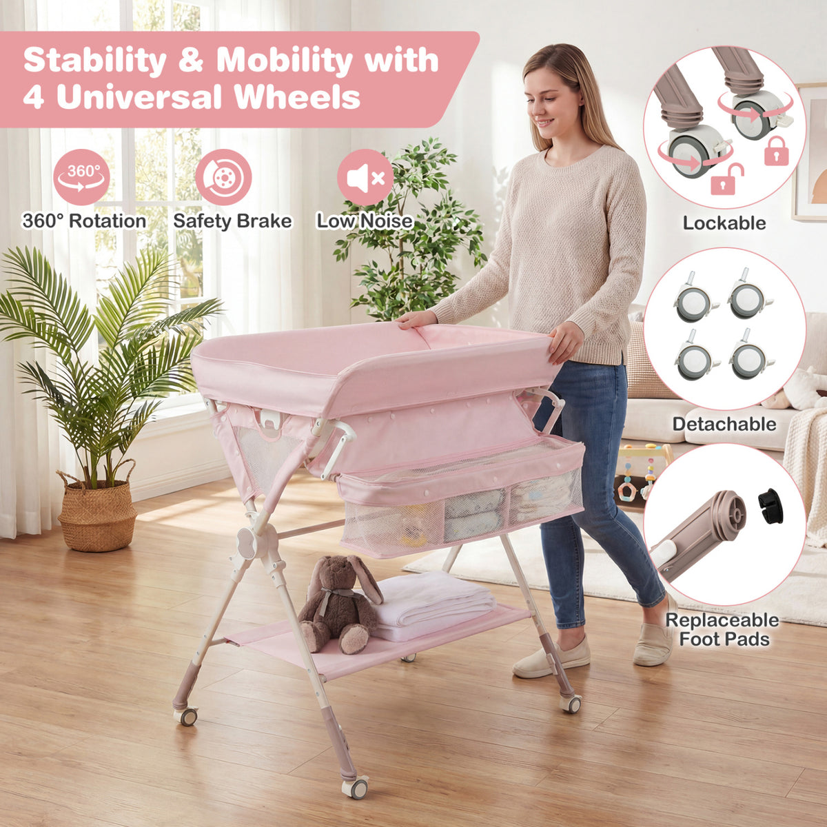 Baby Changing Table Foldable Diaper Changing Station with Storage Bag and Shelf-Pink