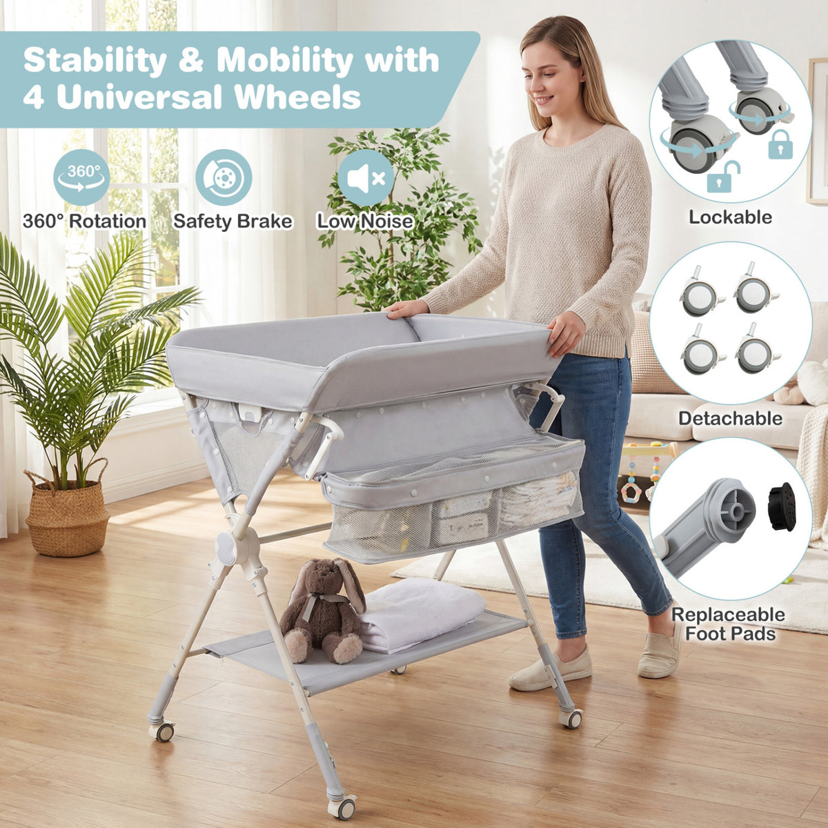 Baby Changing Table Foldable Diaper Changing Station with Storage Bag and Shelf-Gray