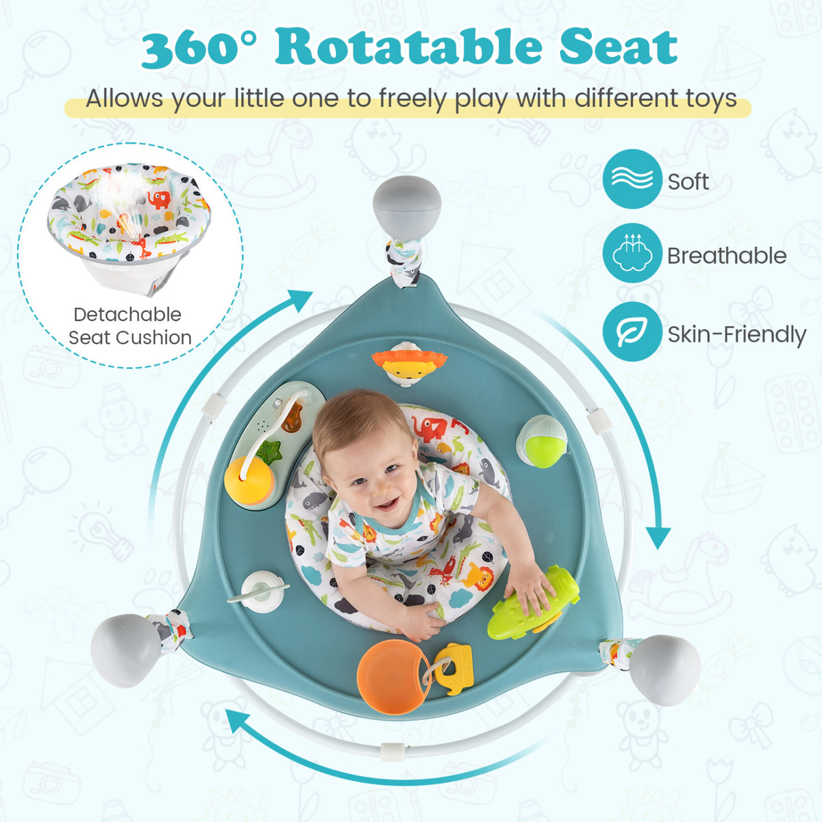 Baby Jump and Play Activity Center with Rotatable Seat and Interactive Toys-Blue