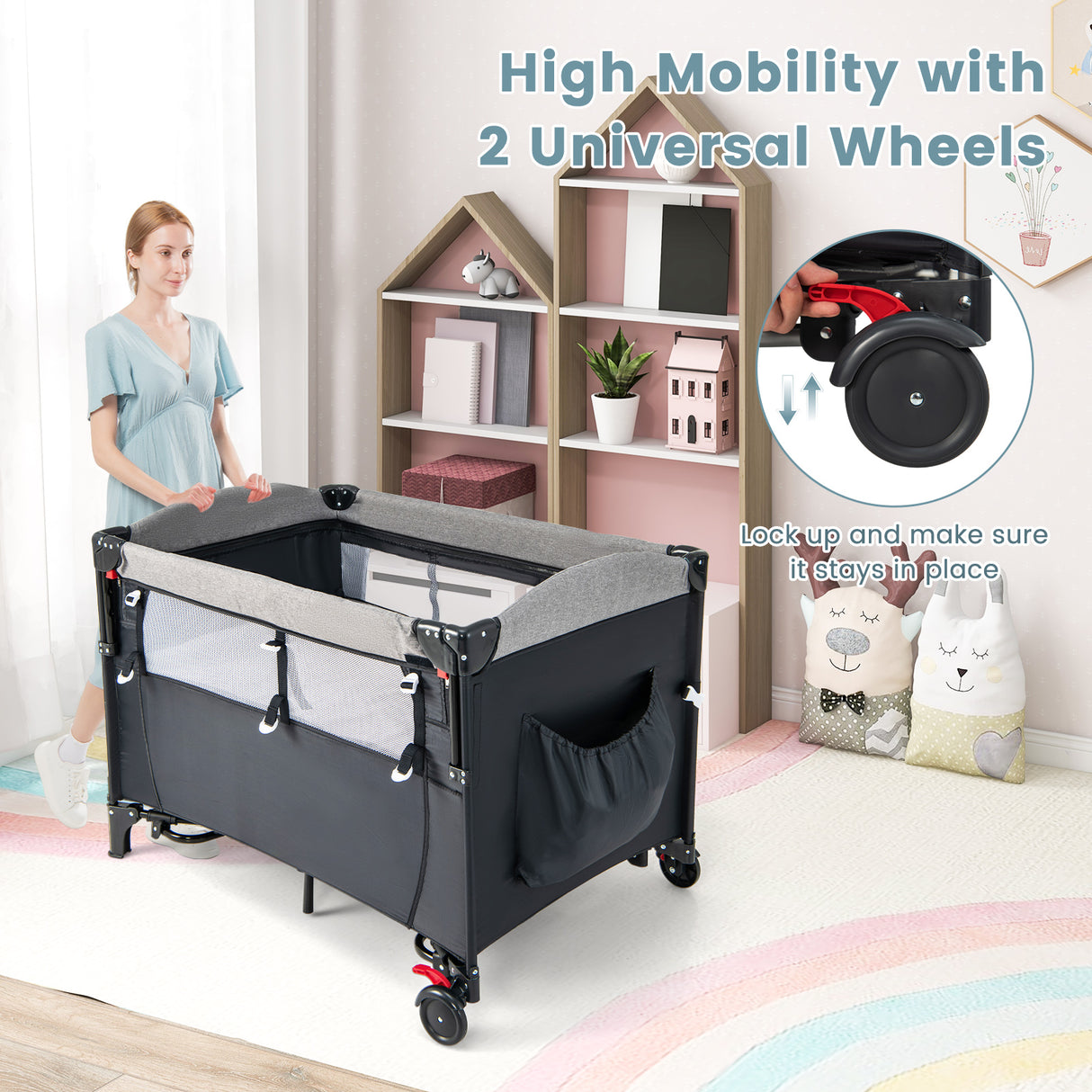 5-in-1 Baby Nursery Center Foldable Toddler Bedside Crib with Music Box-Gray
