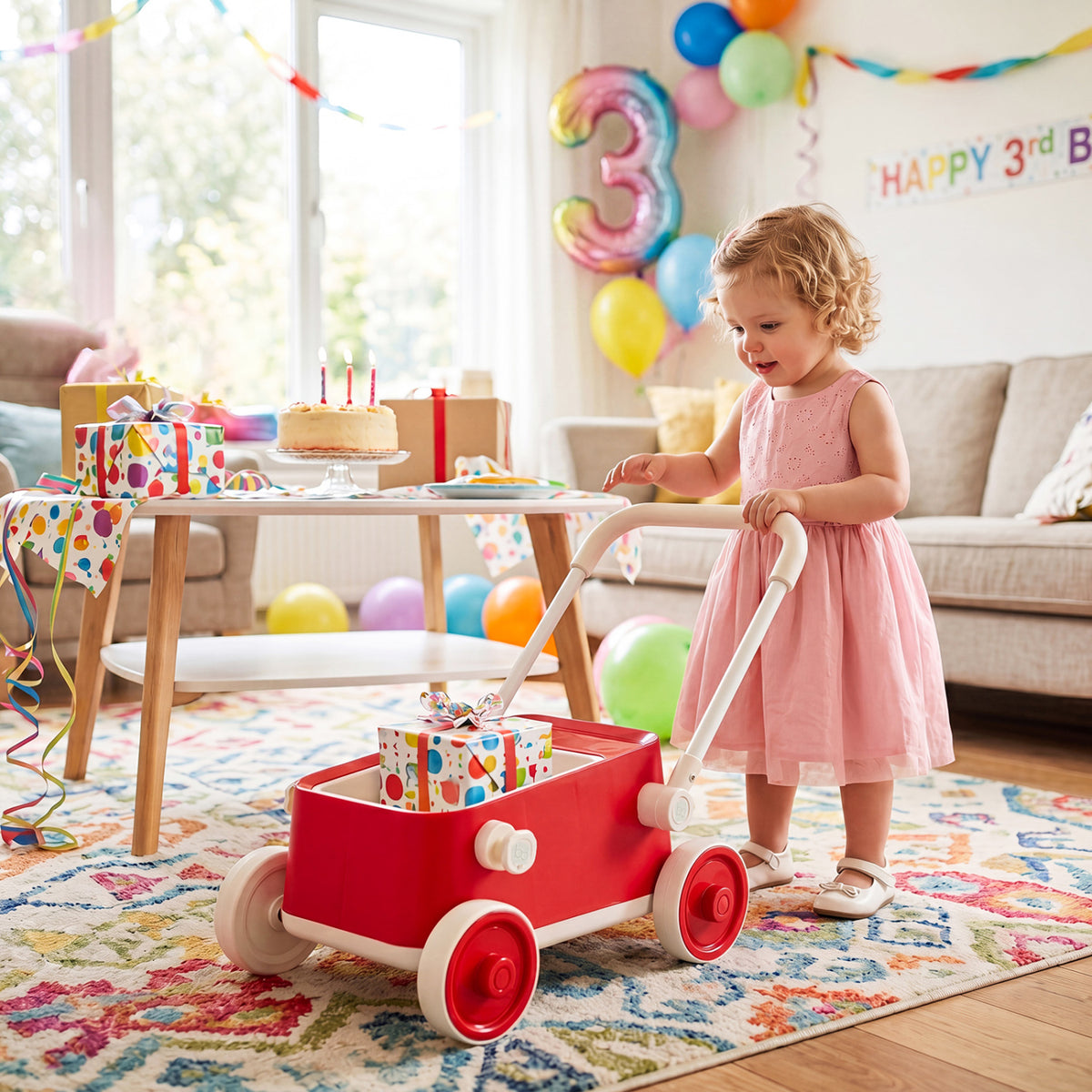 Baby Push Walker with Wheels and Foldable Handlebar and Storage Basket-Red