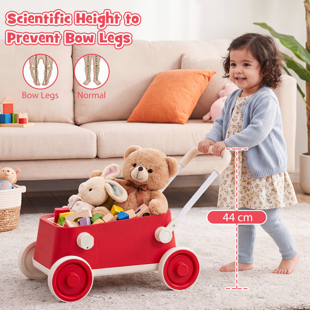 Baby Push Walker with Wheels and Foldable Handlebar and Storage Basket-Red