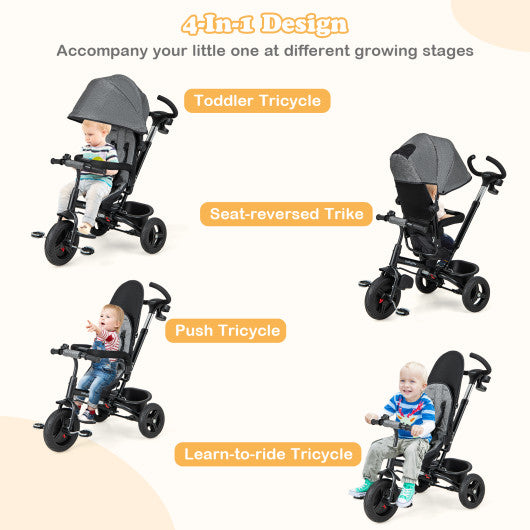 4-in-1 Baby Tricycle Toddler Trike with Reversible Seat and 5-Point Safety Harness-Gray