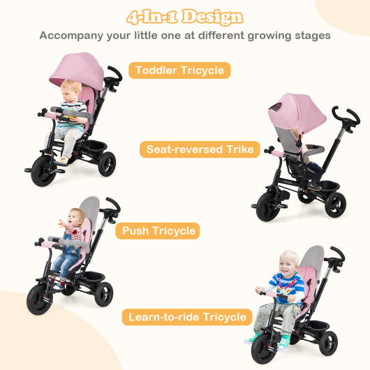 4-in-1 Baby Tricycle Toddler Trike with Reversible Seat and 5-Point Safety Harness-Pink