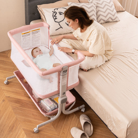 Baby Bassinet Bedside Sleeper with 6-Level Adjustable Height-Pink