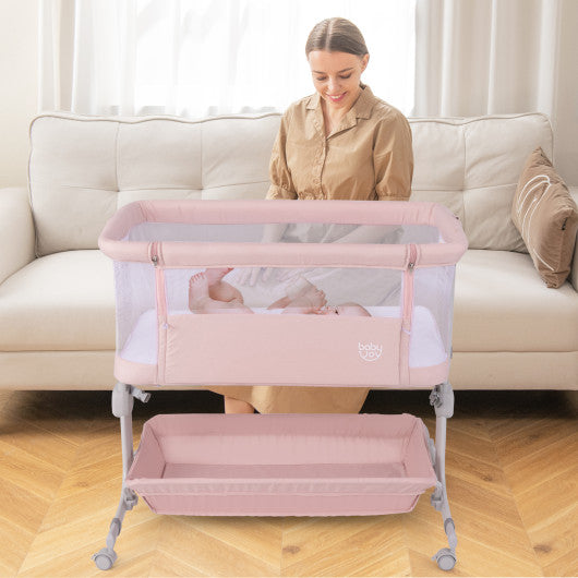 Baby Bassinet Bedside Sleeper with 6-Level Adjustable Height-Pink