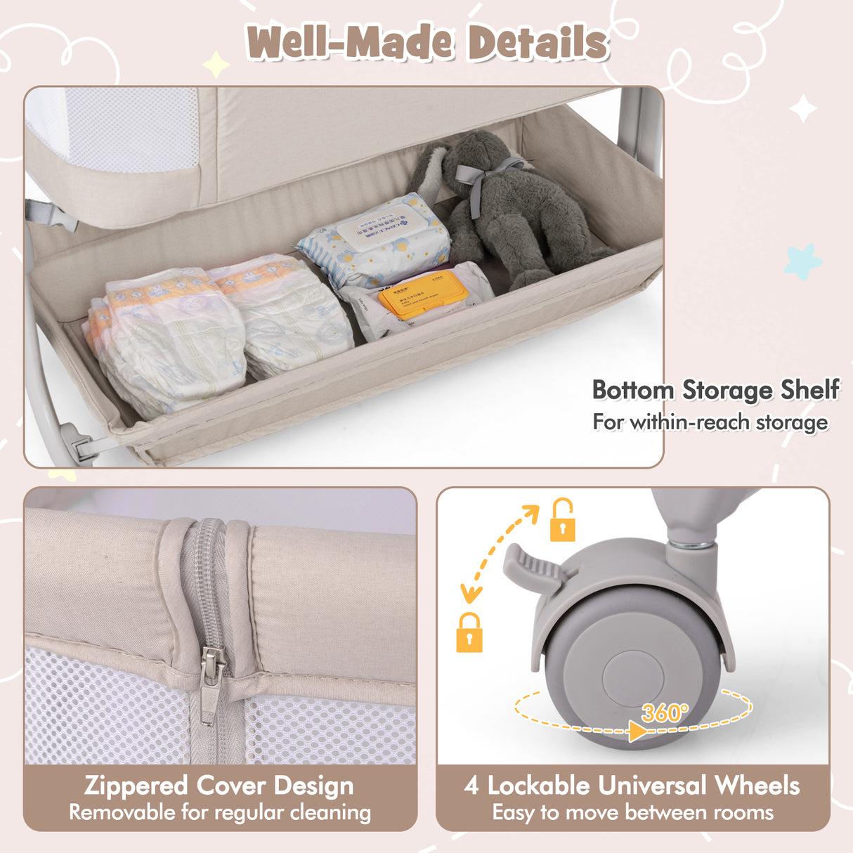 Baby Bassinet Bedside Sleeper with 6-Level Adjustable Height-Beige
