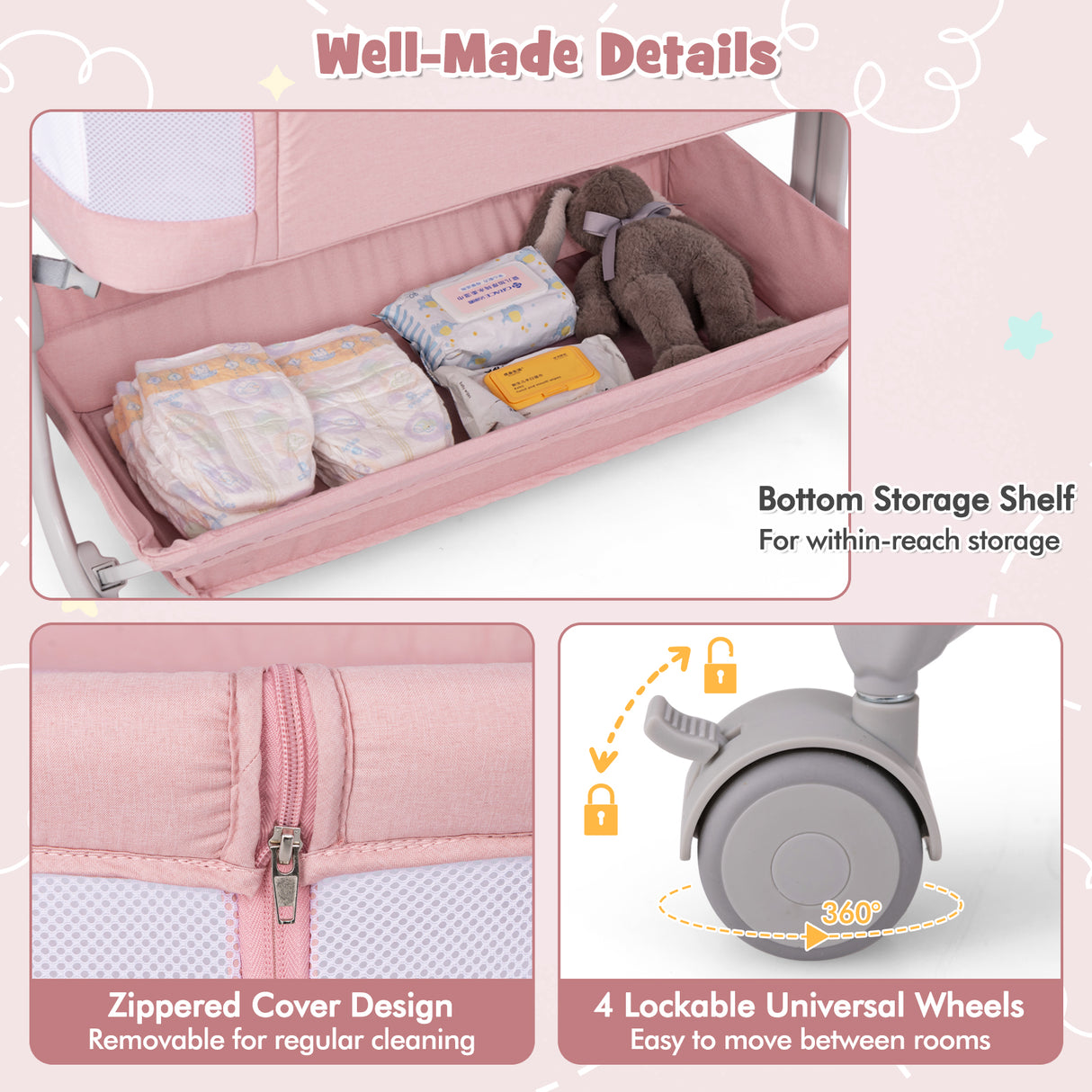 Baby Bassinet Bedside Sleeper with 6-Level Adjustable Height-Pink