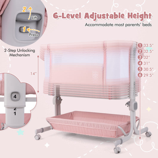Baby Bassinet Bedside Sleeper with 6-Level Adjustable Height-Pink