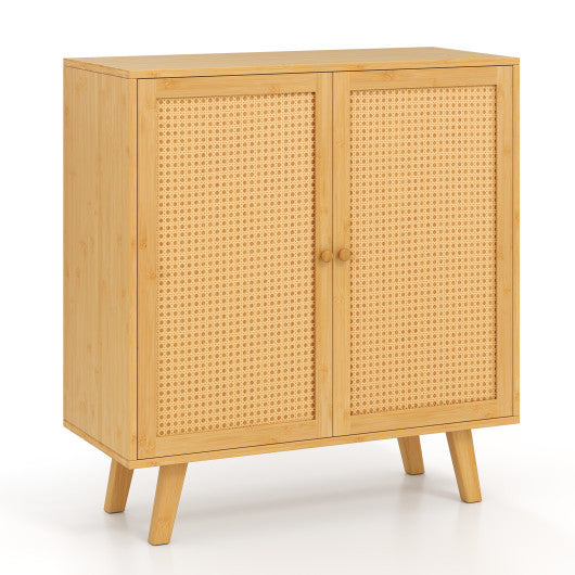 Bamboo Buffet Storage Cabinet with PE Rattan Doors and Freestanding Kitchen Cupboard-Natural