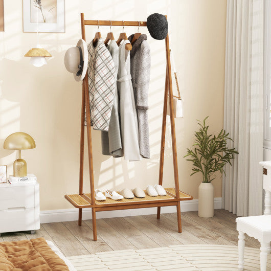 Bamboo Clothes Rack with Hanging Rod Rattan Shelf and Copper Hooks-Brown