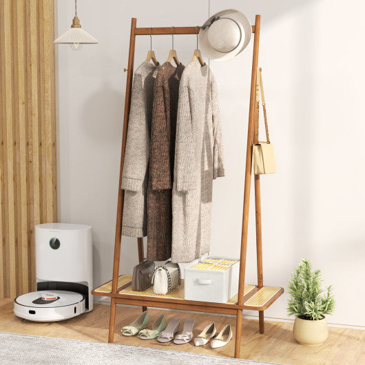Bamboo Clothes Rack with Hanging Rod Rattan Shelf and Copper Hooks-Brown