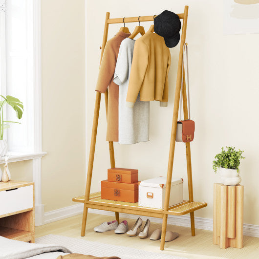 Bamboo Clothes Rack with Hanging Rod Rattan Shelf and Copper Hooks-Natural