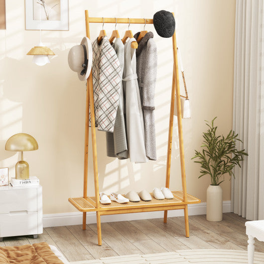 Bamboo Clothes Rack with Hanging Rod Rattan Shelf and Copper Hooks-Natural